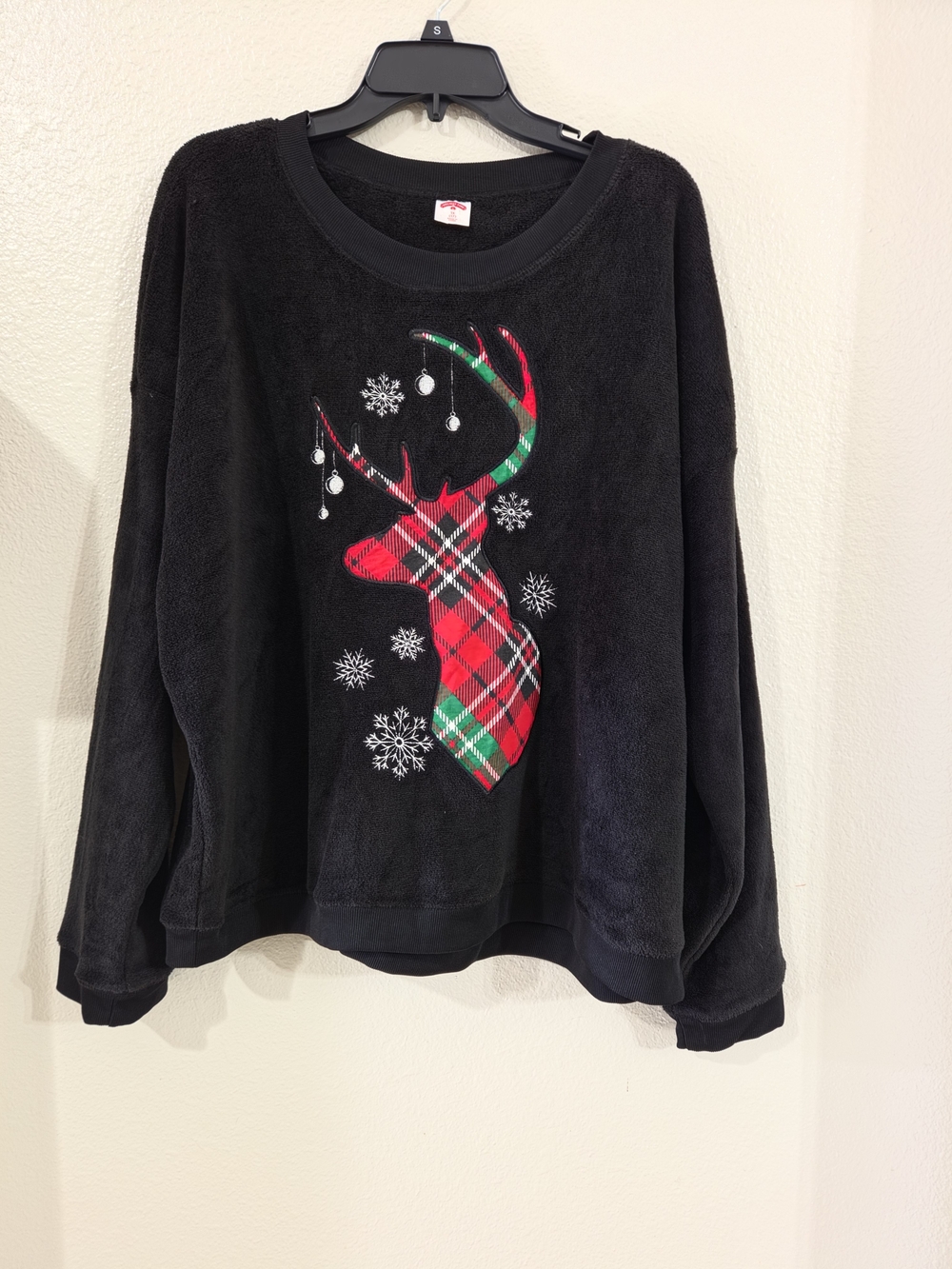 Holiday Time Black Plush Reindeer Plaid Accent Sweater 1X